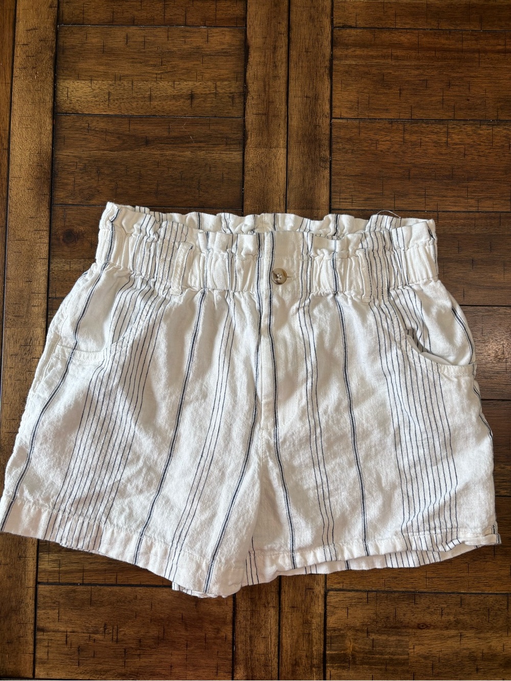 Madewell White High-Waist Paperbag Shorts with Navy Stripes
